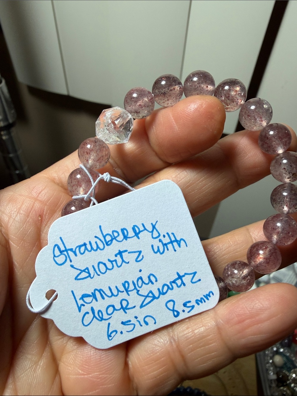 Strawberry Quartz and Clear Lemurian Quartz Beaded Stretch Bracelet